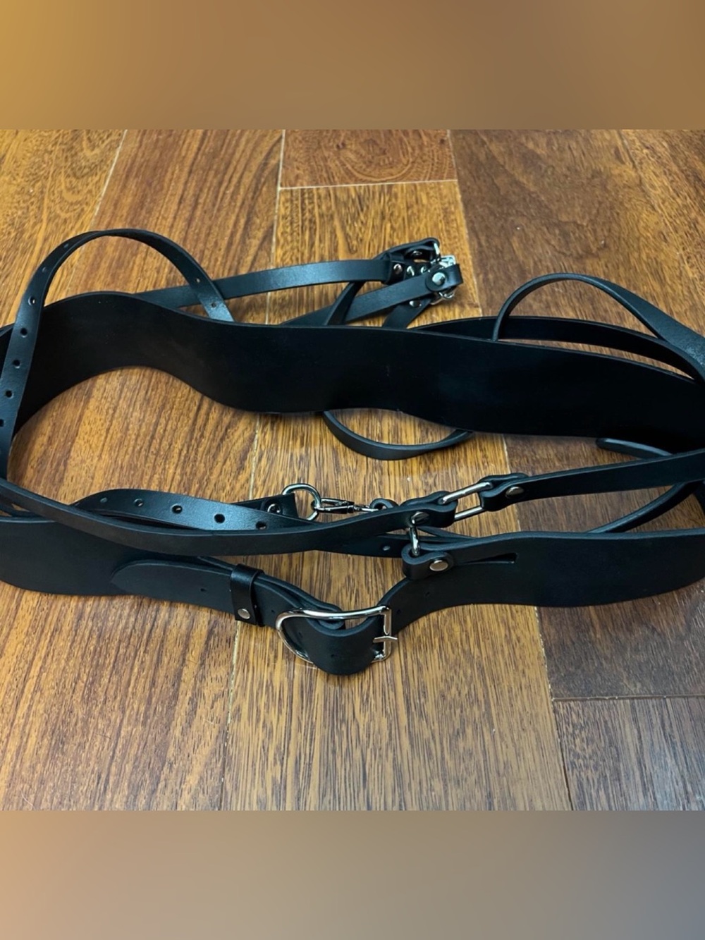 42 inch custom black leather belt plus size harness by Brunetka Harness